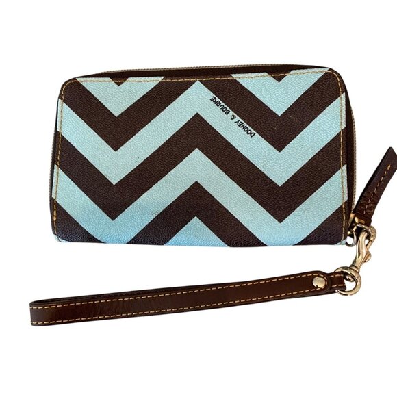 Dooney & Bourke Chevron Wristlet Wallet Brown & Blue Leather Red Interior - Picture 2 of 8